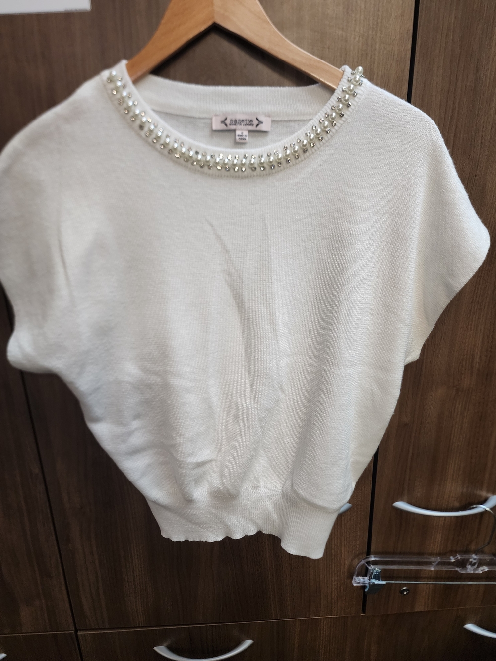 Nanette Lepore White Short Sleeve Sweater with Pearl Embellished Neck